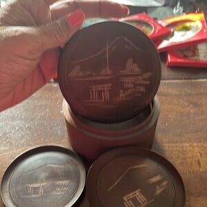 Vintage Round Teak Wood Hand Carved Miyajima Satsuma Japanese coaster set
